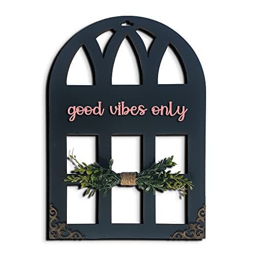 Chalk My Theme 3D Laser Cut Letters Good Vibes Only Wall Décor in Window Style with Leaves Wooden Wall or Door Decor for Home, Living Room, Bedroom, Balcony or Any Favorite Place Stone Grey