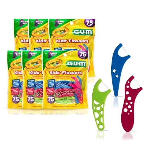 GUM Crayola Kids Flossers with Fluoride - Designed for Little Hands - Fun Grape Flavor - Easy to Use Kids Floss Picks for Children Ages 3+, 75 Count (Pack of 6)