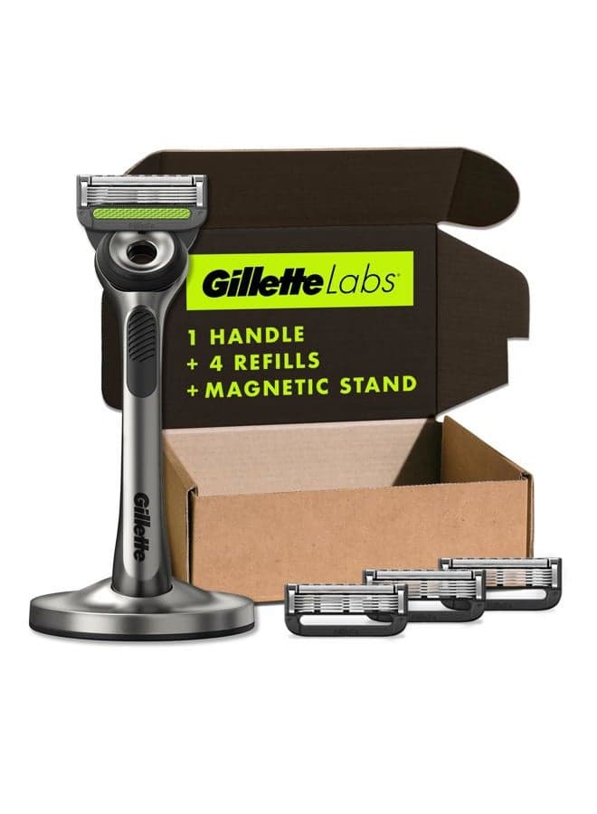 Labs with Exfoliating Bar by Gillette Razor for Men - 1 Handle, 4 Razor Blade Refills, Holiday Gifts for Men, Includes Premium Magnetic Stand