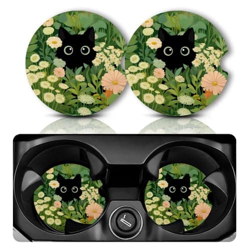 Yonlevres Car Coasters for Cup Holders,2.75" Anti Slip Rubber Mat with A Finger Notch, 2 Pack Car Cup Holder Coasters for Car Interior Accessories for Women Men Cute Cat