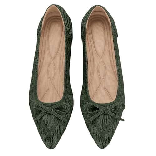 TINGRISE Womens Flats Pointed Toe Bow Knit Ballet Shoes Comfortable Dressy Mesh Slip On Flat Green US8