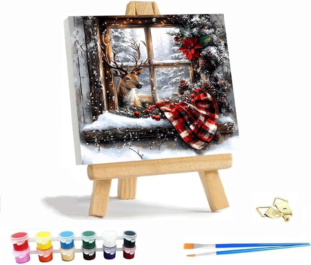 VIGEGU Christmas Paint by Numbers Kit for Adults with FramedDeer Winter Landscape Paint by Number DIY Adult Paint by Number Kits for Wall Decor 12x12in