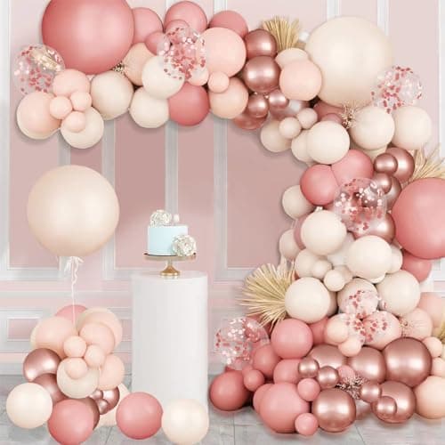 Blush Pink Balloons Garland Arch Kit,144pcs Retro Pink Rose Gold Sand White Confetti Balloons for Bridal Shower Valentines Wedding Engagement Birthday Party Decorations……