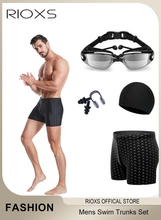 Adult Men's Short Swim Trunks Set with Professional Anti-Fog Swim Goggles Nose Clip Ear Plugs and Swim Cap