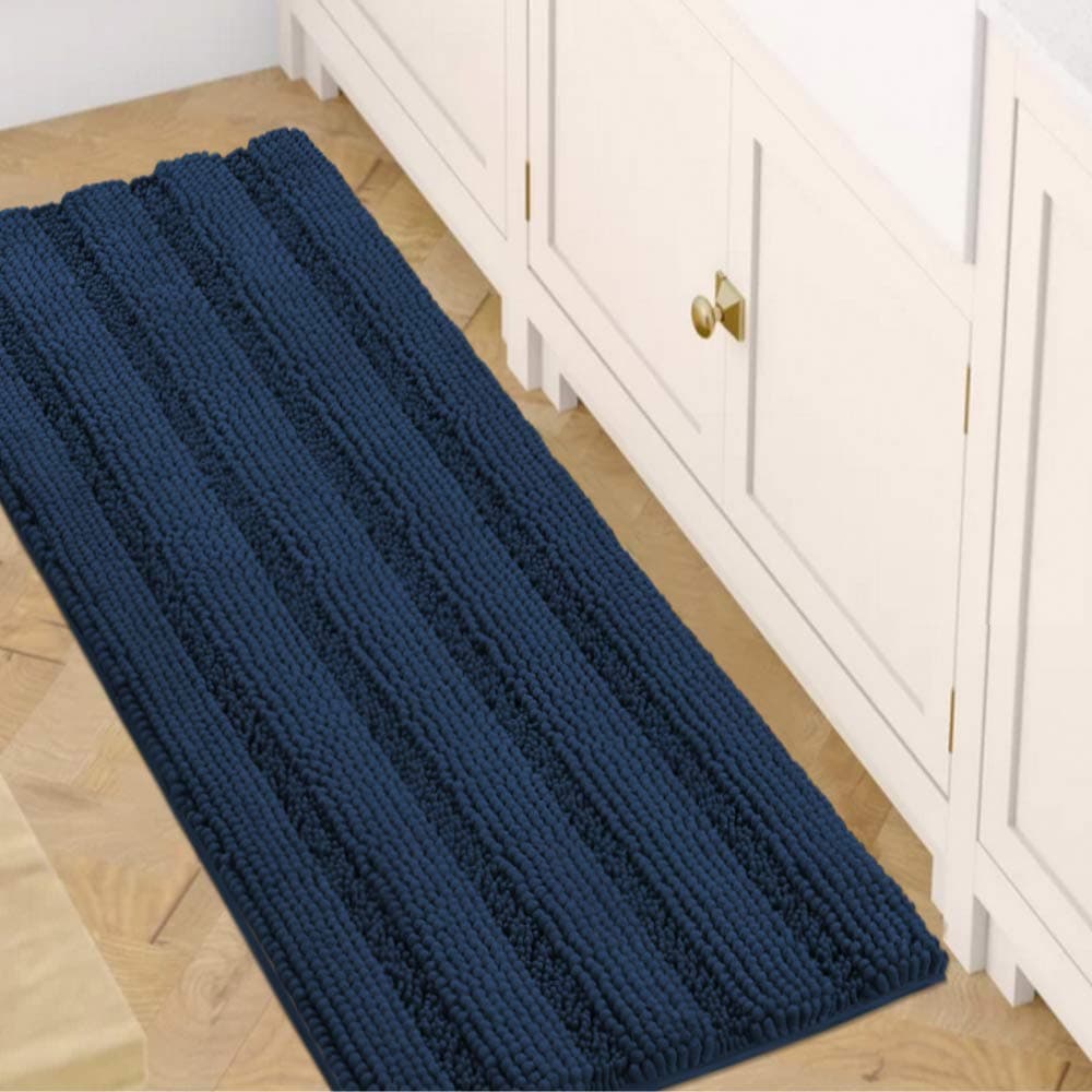 HVERSAILTEX Bath Rugs for Bathroom Non Slip Bath Mats Extra Thick Chenille Striped Bath Rug Runners 47 x 17 Absorbent Fluffy Soft Shaggy Mats Dry Fast Plush Area Carpet for Bath Room Navy