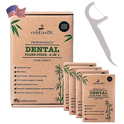 rebEarth Natural Dental Floss Picks Oral Care Dental Pick wMint Flavored Toothpicks 2in1 Natural Floss Toothpicks PlantBased Dental Flossers Tooth Floss Picks wTongue Cleaner 200 Count