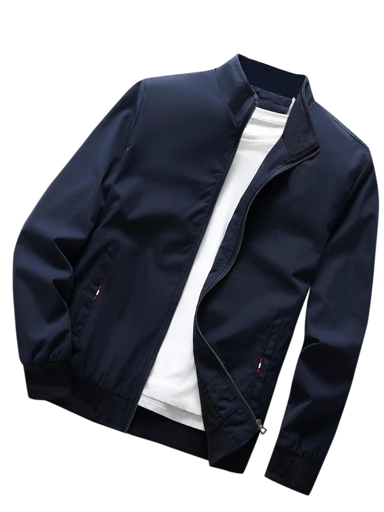 TAGAS Men's Regular Jacket Fit For Casual Wear || Low-Cut Standing Collar || Full Sleeve | Latest Stylish Jacket For Men ||Regular Fit Zip-Up Casual jacket|| bomber jacket for men(MJ-9015) (L, NAVY)