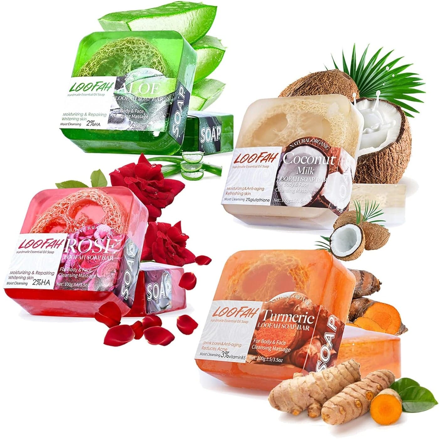 Natural Loofah Soap Bar 4PCSExfoliating Natural Soap with Loofah InsideTurmericAloeRoseCoconut MilkMoisturizing Handmade Soap For Face and Body