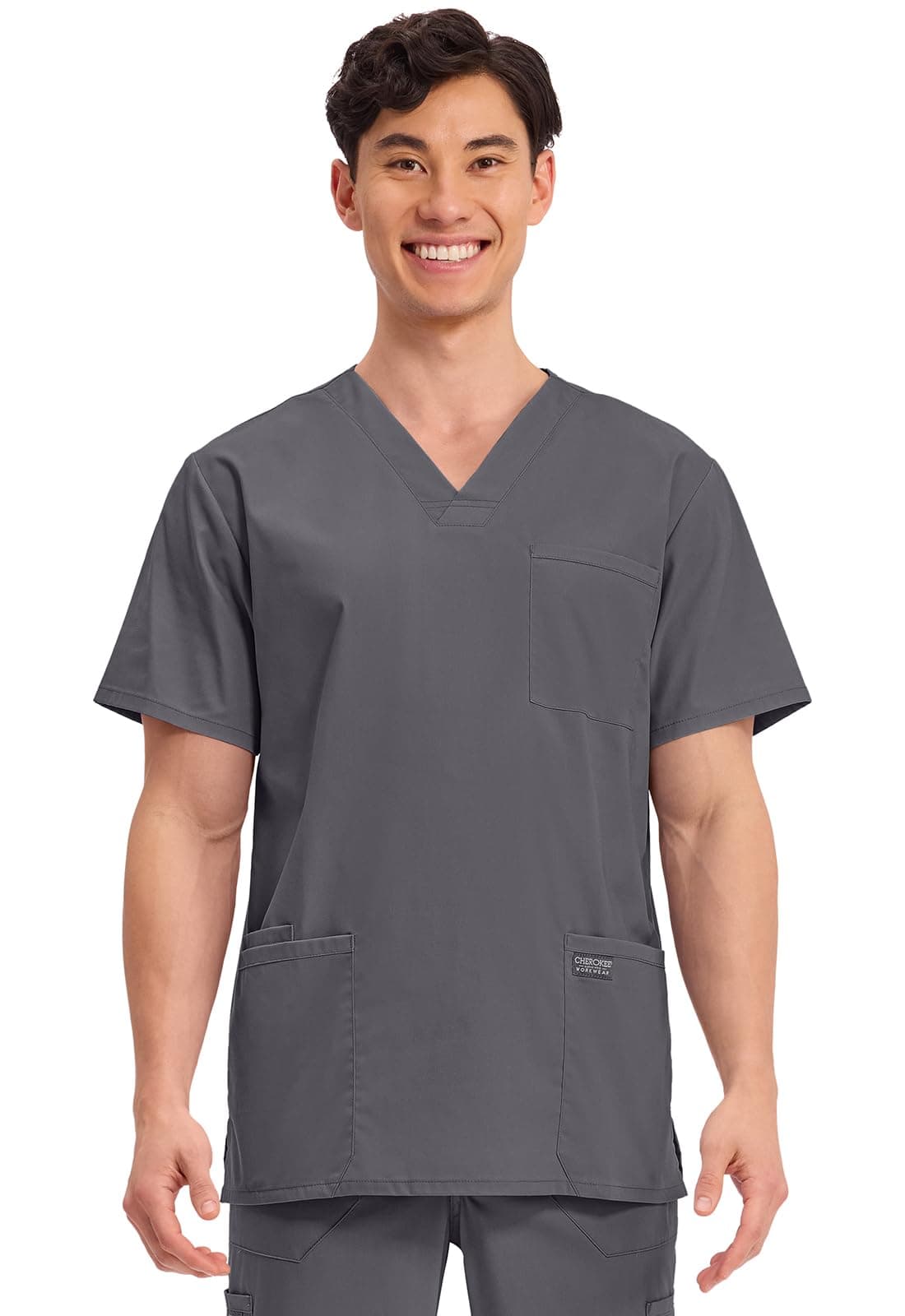 Cherokee Men's V-Neck Top Traditional fit with 4 Pockets, Ultra Soft, Durable, Fade Resistant, 2-Way Stretch Fabric Plus Size - WW695, 4XL, Pewter