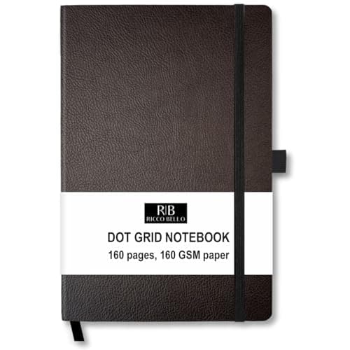 RICCO BELLO Hardcover Dot Grid Journal Notebook, Lay Flat Design, Pen Holder, 5.7 x 8.4 inches, Thick 160 gsm Paper, 80 sheets/160 pages (Dark Brown)