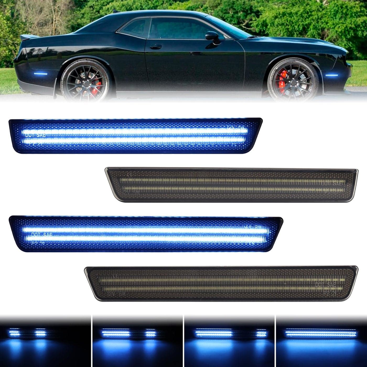 FetonAuto Dynamic Sequential Blue LED Side Marker Lights for 20152023 Dodge Challenger Front Rear Bumper Running Indicator Blinker Smoked Lens 4PC