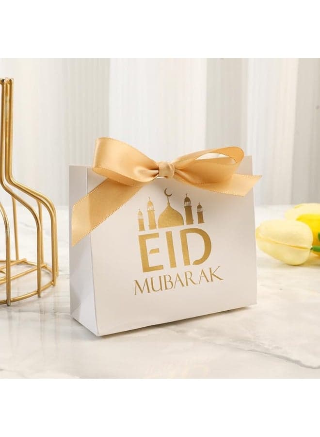 50 Pack Eid Party Favor Box, Eid Moon Candy Box, Ramadan Mubarak Party Goodie Box, DIY Eid Treat Paper Box with Ribbon Bow, Islam Muslim Wedding Festival Candy Box, Chocolate Cookie Souvenir Boxes for Eid Party Supplies Gold Castle Goodie Present Bag