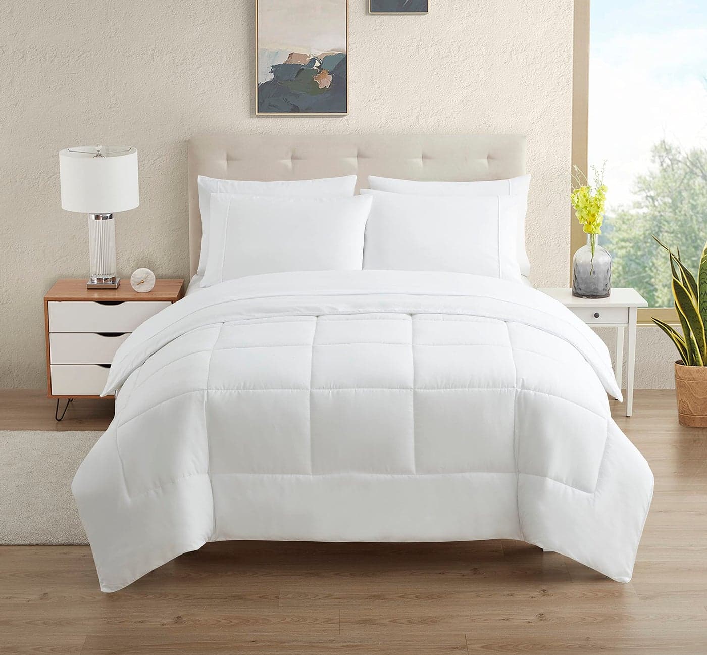 Dorm Room Essentials College Bedding Comforter Set 7 Piece Full Size Bed in a Bag for College Students Boys and Girls Full White