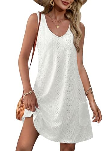 OFEEFAN Spring Dresses for Women 2025 Trendy V Neck Swing Tank Dress Sundresses with Pockets Eyelet White L