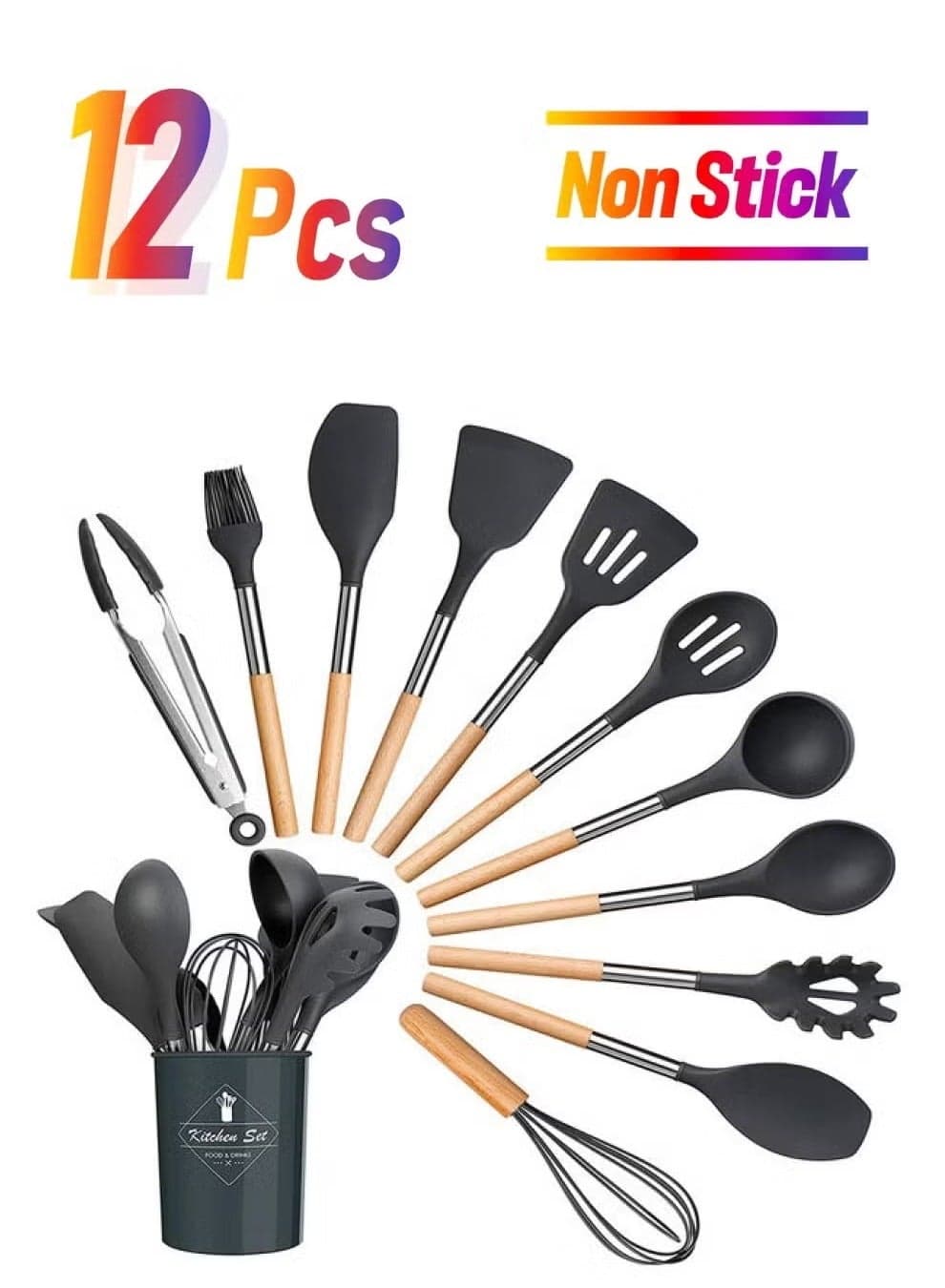 12-Piece Non-Stick Silicone Cooking Utensils Set – Multicolour, .12.5x12.5x33cm – Premium Heat-Resistant, Non-Scratch, Easy-to-Clean Kitchen Tools, Perfect for Stirring, Serving, and Cooking