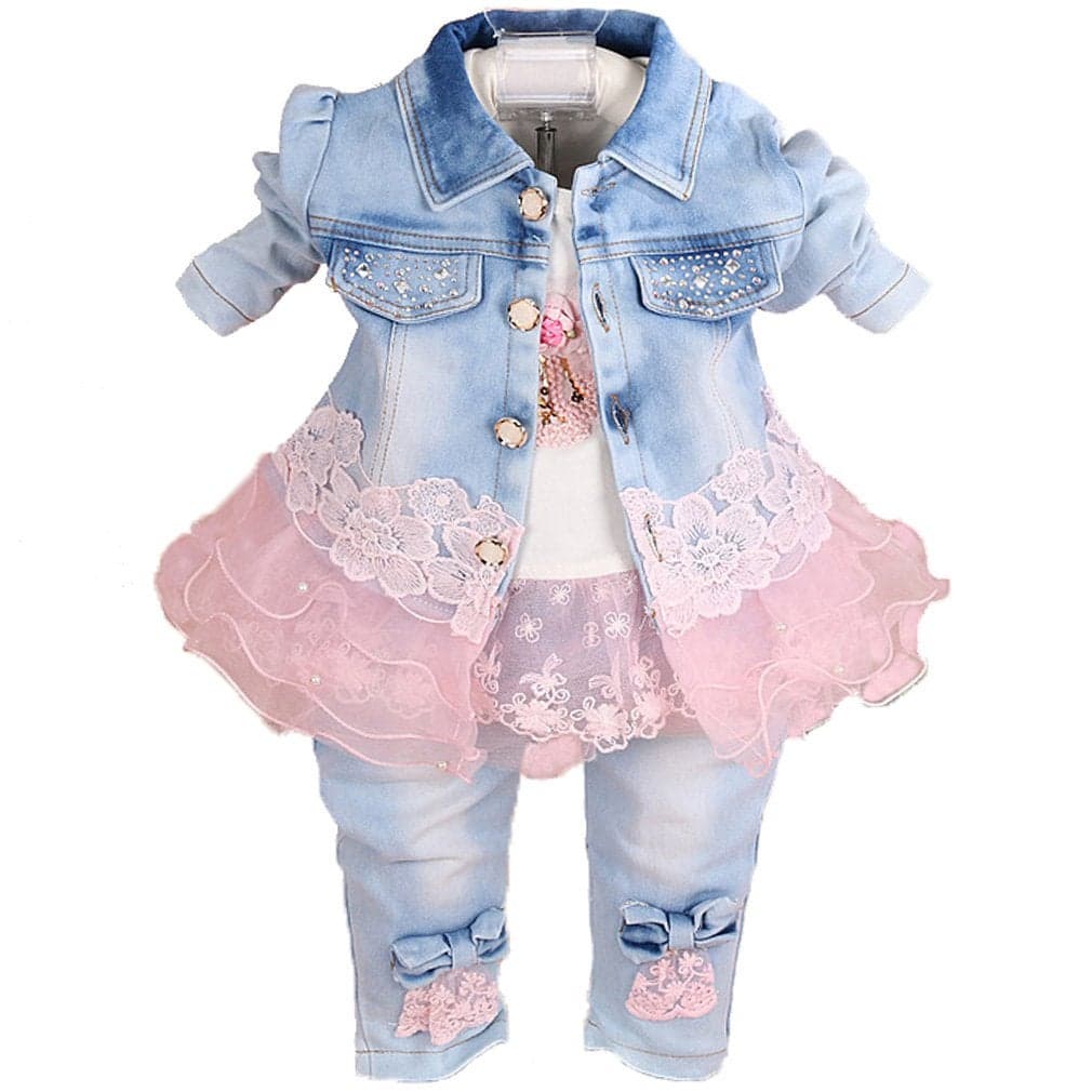 Yao Baby Girls Denim Clothing Sets 3 Pieces Sets T Shirt Denim Jacket and Jeans 34 Years