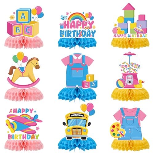 Rachell Teacher Party Decorations 9Pcs Cartoon English Teachers Honeycomb Centerpieces Rachel Girls Rainbow ABC Bus Table Decorations for Cartoon Teacher Fans Birthday Baby Shower Classroom Decor