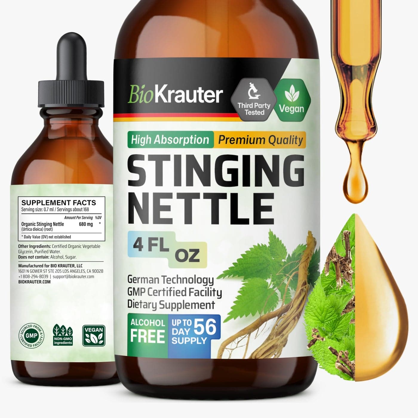 BIO KRAUTER Stinging Nettle Tincture Nettle Root Extract Liquid Urinary Support Supplement Urtica Dioica Natural Extract Vegan Sugar Alcohol Free Drops 4 FlOz