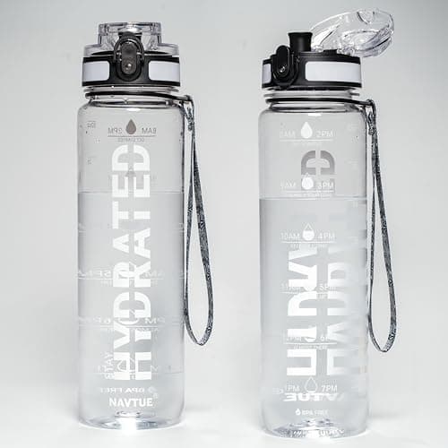NAVTUE Water Bottle, 32 oz Sports Water Bottles with Time Marker Wide Mouth, Motivational and Leakproof Drink Bottle, BPA Free Tritan with Carry Strap for Gym Fitness Outdoor(1 Bottle)