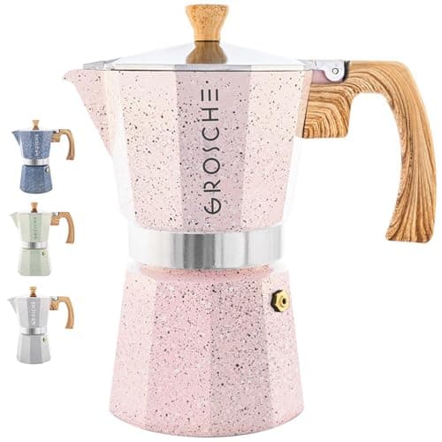 GROSCHE Milano Moka pot, Stovetop Espresso maker, Greca Coffee Maker, Stovetop coffee maker and espresso maker percolator (Pink, 9 cup)