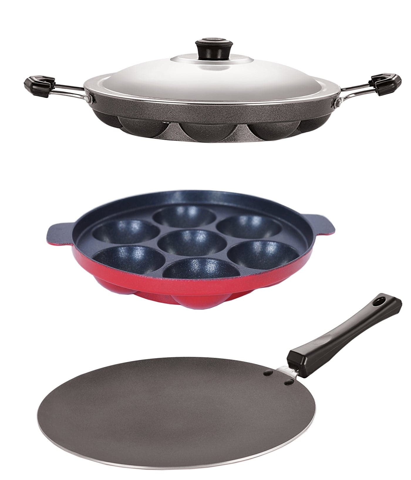 Nirlon Non-Stick Stain Free Aluminium Appam and Tawa Combo Kitchen Item Set, 2.6mm_CT12_AP(7)_AP(12)
