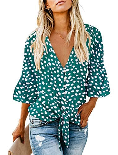 Kancystore Blouse for Women Fashion V Neck Tie Knot Front Tops 3 4 Sleeve Loose Casual Shirt Teal S