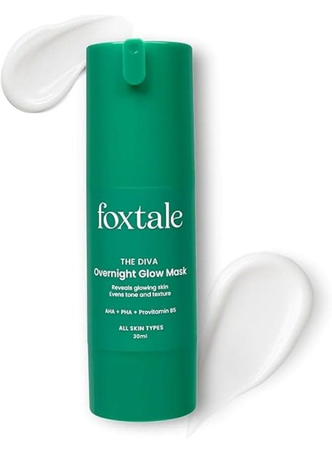 FoxTale 2% Glycolic + 2% Lactic Acid Overnight Glow Mask With AHA, PHA & Provitamin B5 30 second facial for salon like brightening For clear, smooth, soft skin Men and Women 30 ml, Green