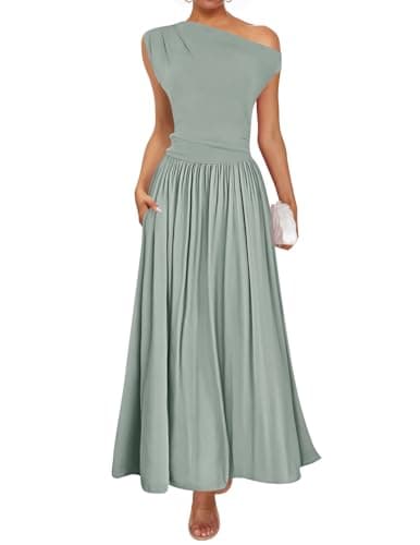 ZESICA Women's Summer 2025 Sleeveless Maxi Dress One Shoulder Casual Slim Swing Pleated Formal Dresses with Pockets,BeanGreen,X-Large