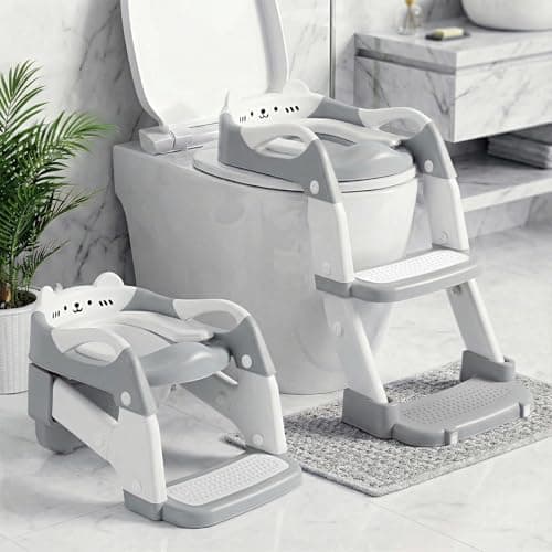 Orzbow Potty Training Seat, Toddler Toilet Seat with Step Stool Ladder, 2-in-1 Toddler Potty Training Toilet Chair for Kids Boys Girls - 5-Level Adjustable Height | Splash Guard | Anti Slip Pad, Grey