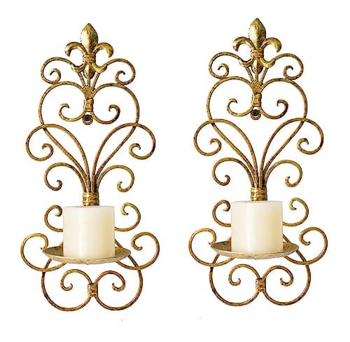 JUCONSIN Wall Sconces Candle Holder Set of 2 Metal Wall Decorations Hanging Wall Mounted Candle Sconces for Living Room Dining Room Gold