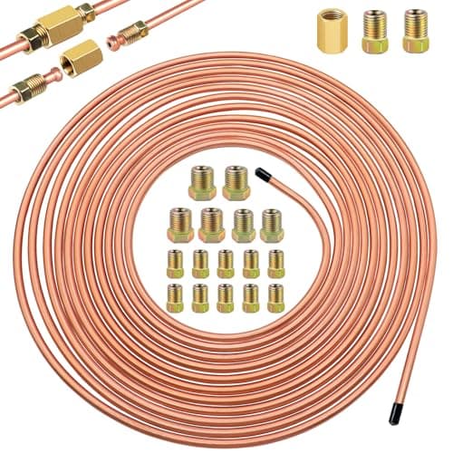 Eoppen 316inch x 25 ft Brake Line Tubing Kit Flexible Copper Coated Alloy Brake Line Tubing Coil with 18 Inverted Flare Fittings and 1 Unions SAE Standard