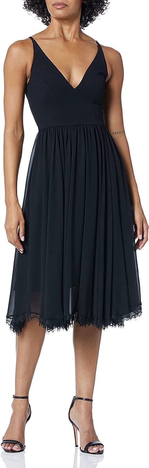 Dress the Population Womens Alicia Plunging Mix Media Sleeveless Fit and Flare Midi Dress Black XL
