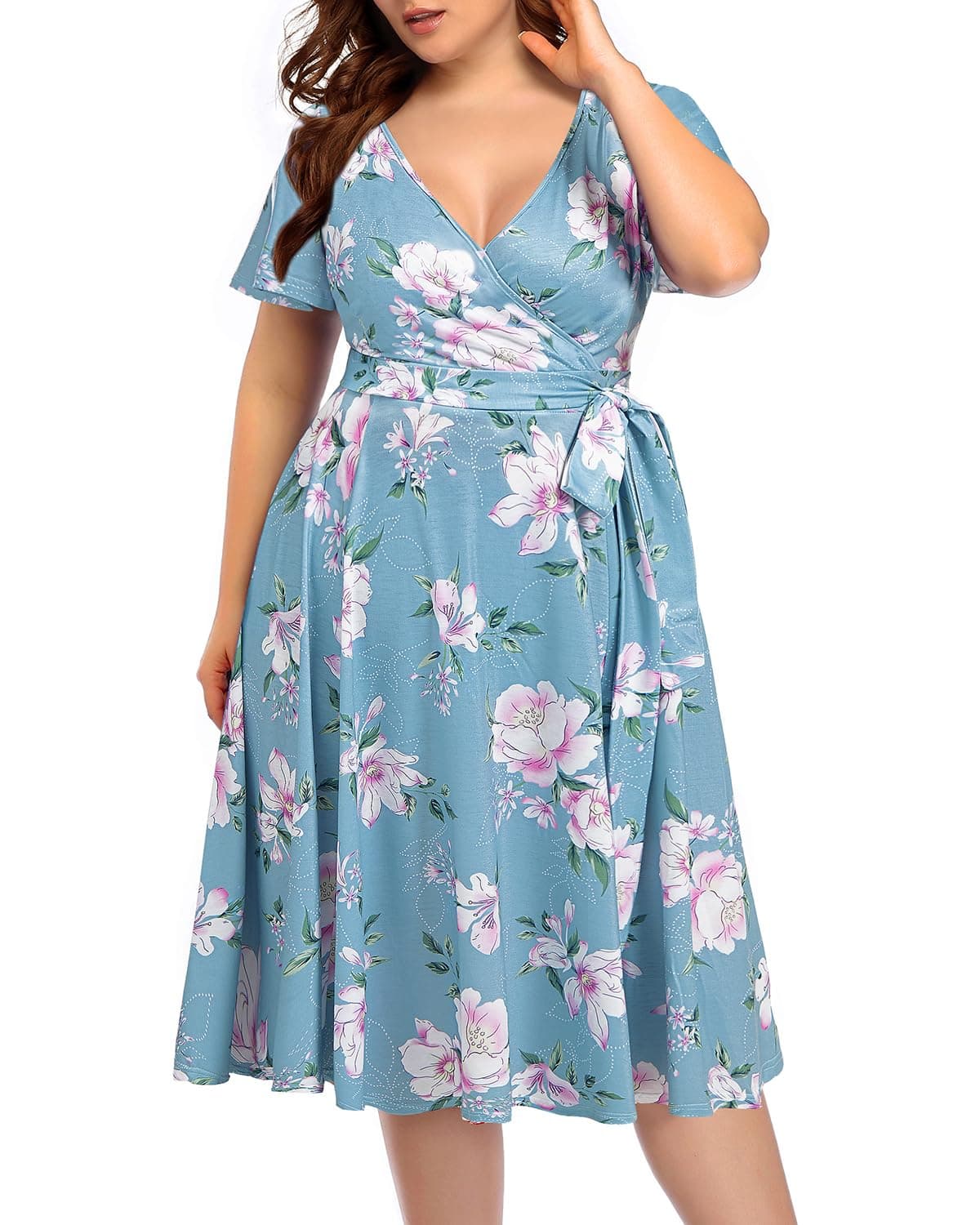 Pinup Fashion Plus Size Blue White Floral Sun Dress Women Wedding Guest Wrap V Neck Short Flutter Sleeves Casual Summer Midi Dresses