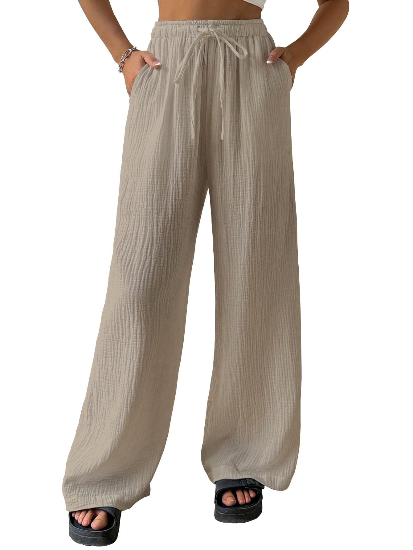 Shasmi Women's Trousers | Wide Leg Casual Pants Featuring a Relaxed Silhouette | Secure fit for All-Day wear | Convenient Side Pockets | Straight-Leg Cut | Elegant Premium Design (157 Beige-L)