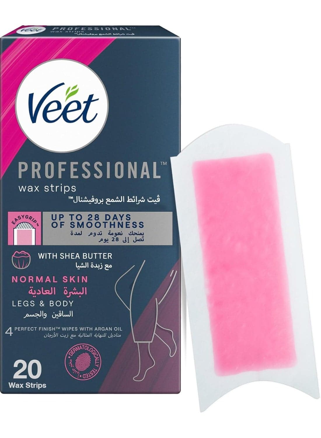 Veet Hair Removal Easy-Gel Wax Strips Body & Legs for Normal Skin, Moisturising Shea Butter and Acai Berries Scent – 20 Wax Strips — 70G