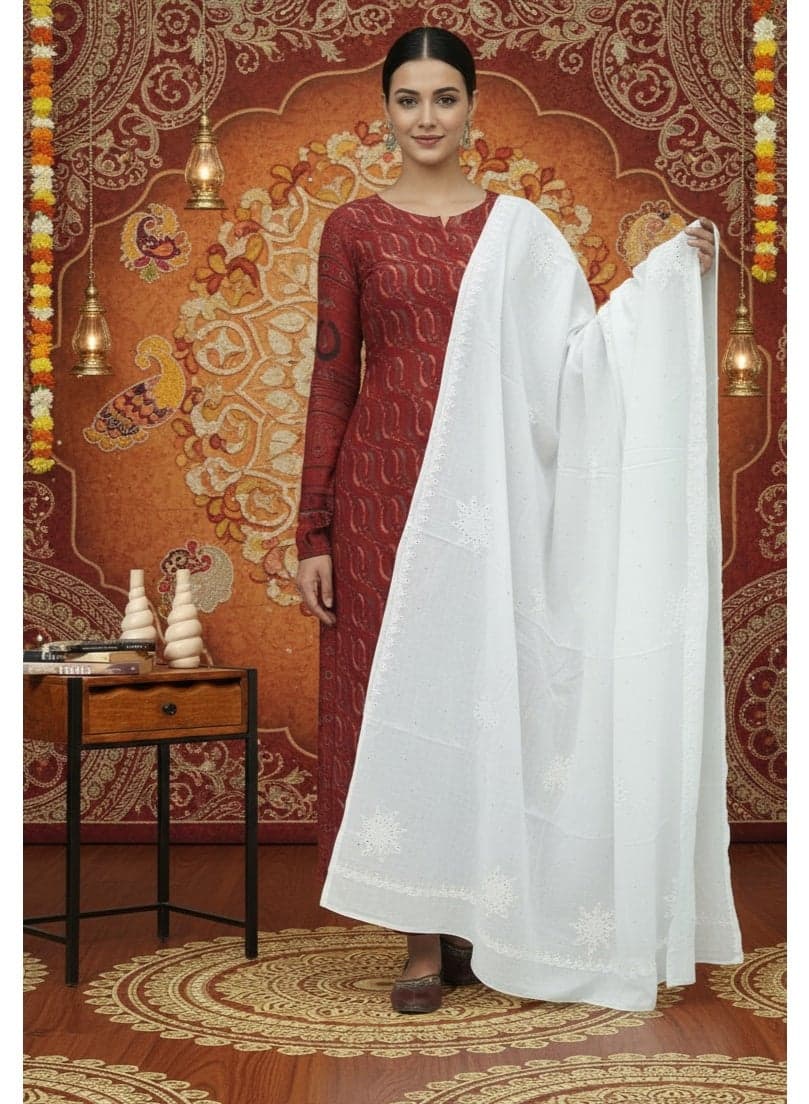 Women Hand Embroidered Cotton Mukaish Dupatta-AL4096