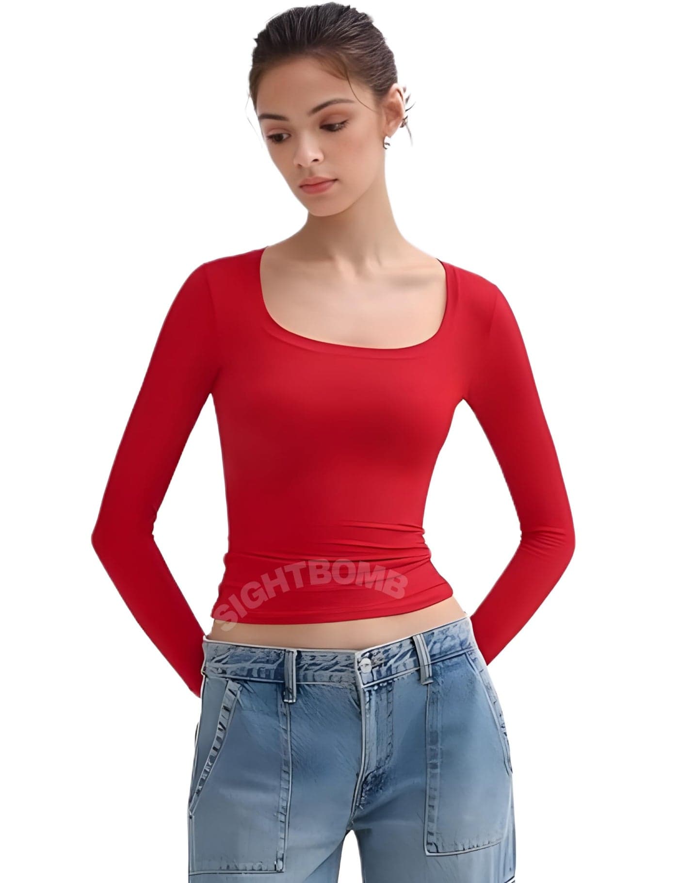 SIGHTBOMB Scoop Neck OH SO Soft Fabric Cuddle TEE Long Sleeve TOP for Women (in, Alpha, S, Regular, RED)