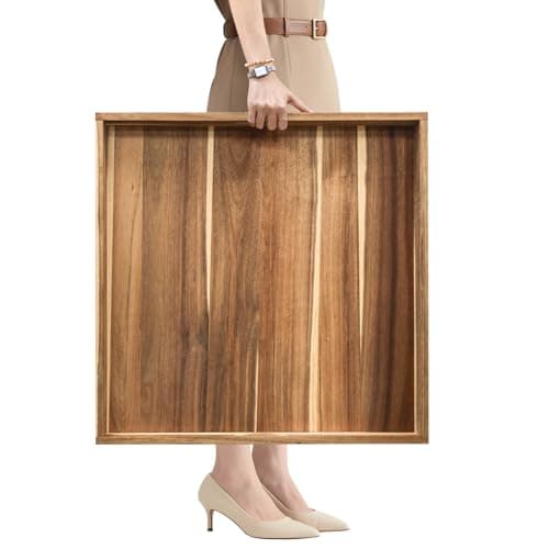 MAONAME Extra Large Square Ottoman Tray, 24" Acacia Wood Serving Tray for with Handles, Farmhouse Wooden Decorative Trays, Coffee Table Trays for Living Room, Countertop, Charcuterie