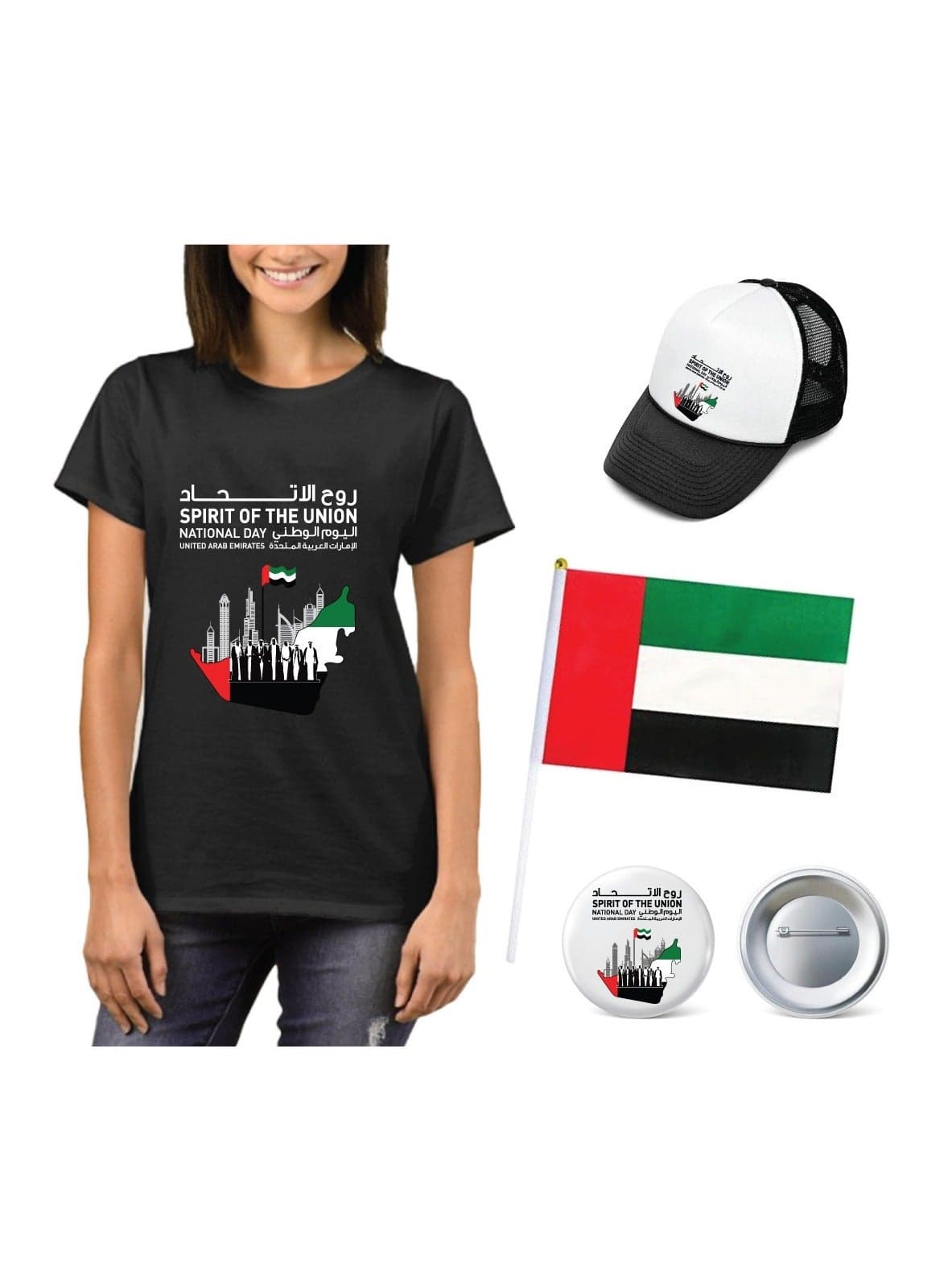 Adult UAE T-shirt - Cap - Flag and Badge Pack of 4 Combo