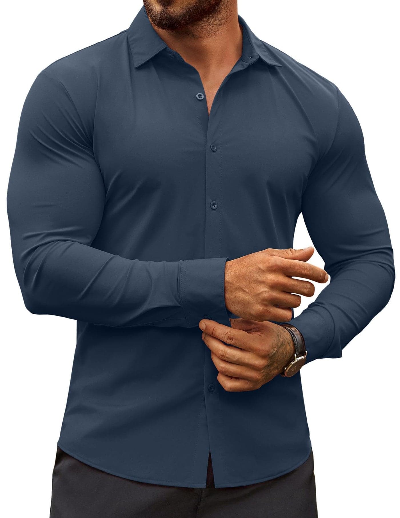 COOFANDY Men's Wrinkle Free Dress Shirts Muscle Fit Button Down Shirt Speard Collar Stretch Dress Shirts Dark Blue