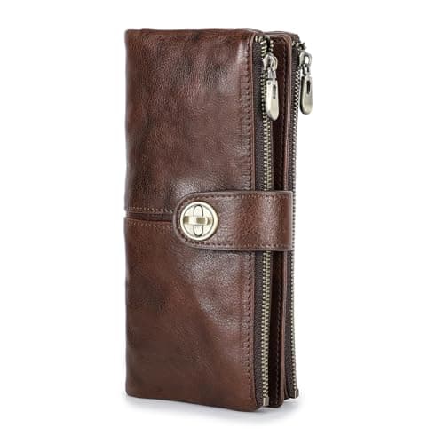 CONTACTS Turnlock Wallet for Women Leather Airtag Zipper Phone Holder Rfid Bifold Clutch Purse with Photo Window (Brown)