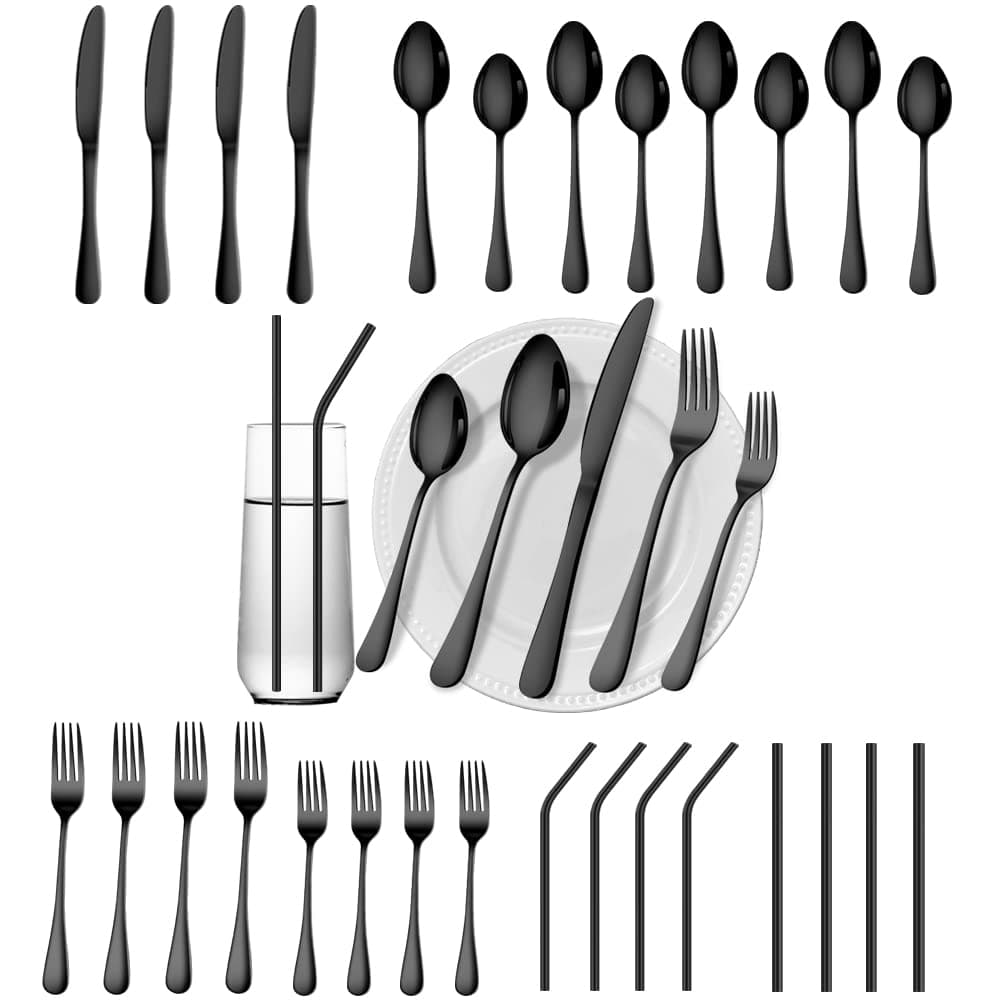 Gutuwellea 28 Pieces Black Silverware Service for 4 Flatware Set Stainless Steel Utensils Cutlery Set Dishwasher Safe