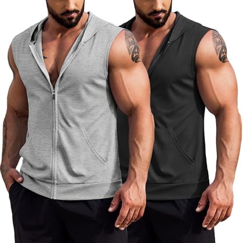 COOFANDY Mens Workout Hooded Tank Tops Zip Up Gym Shirts for Men Boxing Cut Off Tshirts with Hoodies Black and Light Grey M