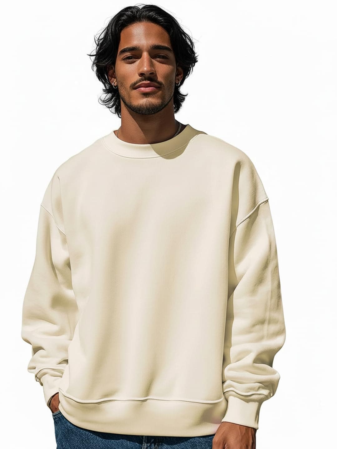 Bewakoof Men's Solid Oversized Fit Full Sleeve Round Neck Poly Cotton Sweatshirt_644682_Grey_L