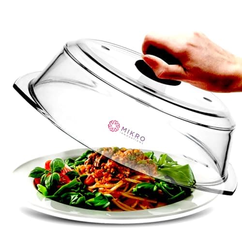 Tall Glass Microwave splatter cover | Sturdy clear 100% food safe BPA free glass lid with easy grip silicone handle | Heavy-duty glass for longer life, Dishwasher safe for easy cleaning - 10.5in