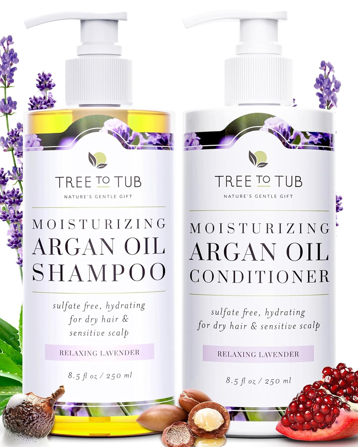 Tree To Tub Hydrating Sulfate Free Shampoo and Conditioner Set for Dry Hair, Dry Scalp, Frizz - Moisturizing Argan Oil Shampoo and Conditioner for Women & Men w/Organic Aloe Vera All Natural Lavender
