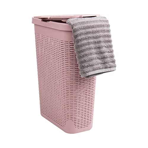 Mind Reader Slim Laundry Hamper with Lid, 40L Clothes Basket, Narrow Tapered Design with Ventilated Cutout Pattern, Plastic, Pink