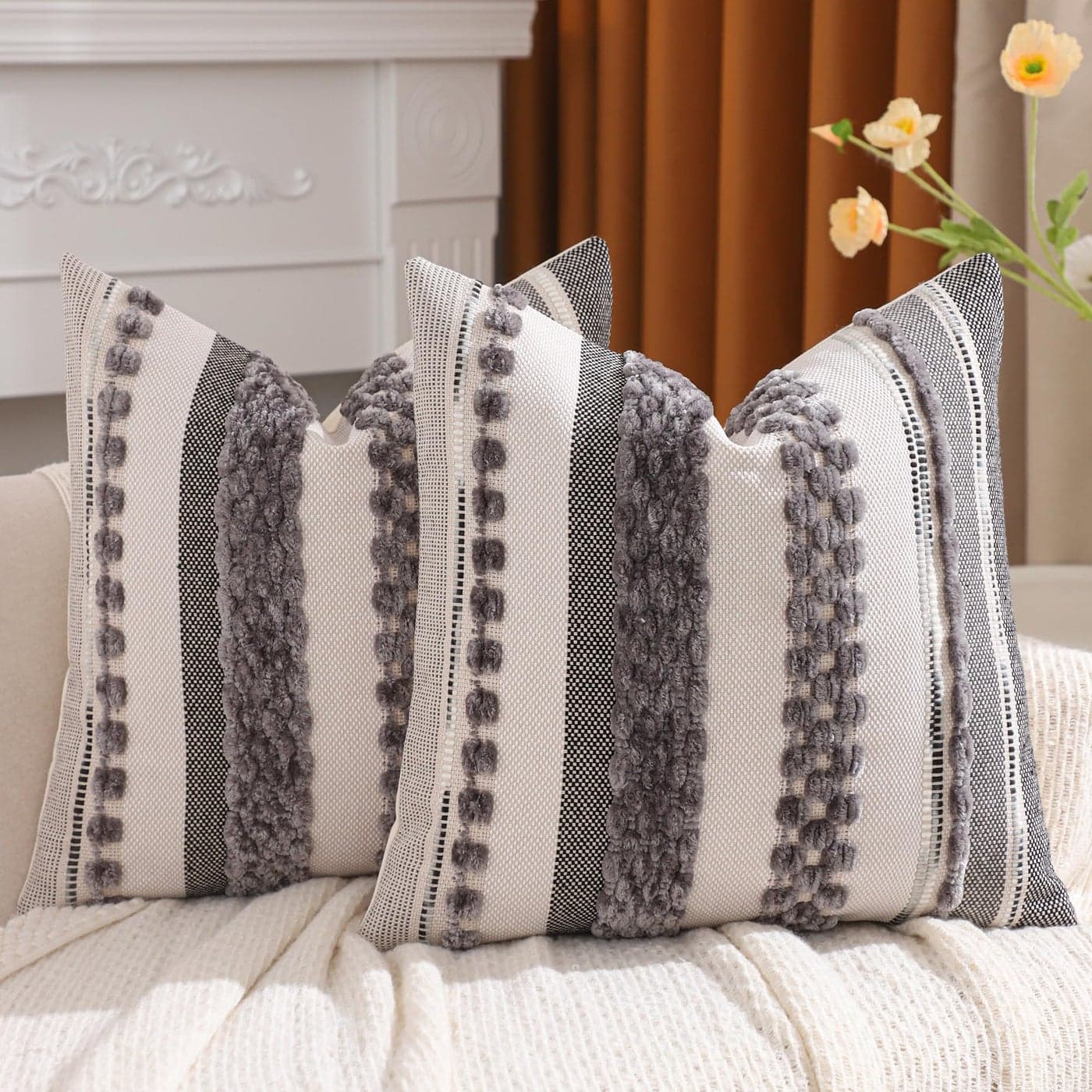 Tosleo Boho Throw Pillow Covers 18x18 Set of 2 Striped Decorative Pillow Cases Accent Chenille Pillowcases Farmhouse Cushion Case Bohemian Nuetral Textured Pillow CoverGray