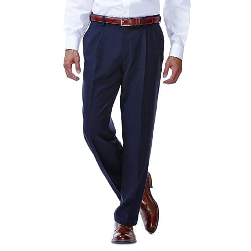 Haggar mens Eclo Stria Expandable-waist Pleat-front dress pants, Navy, 32W x 32L US
