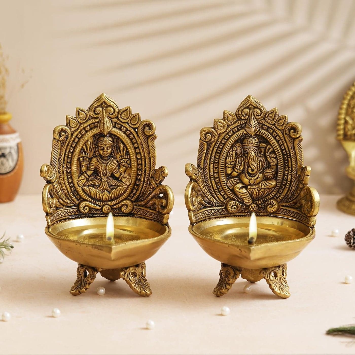 Shyam Antique Creation Brass 7 Inch Laxmi Ganesha Deepak Gajalakshmi Oil Diya for Pooja Room Lakshmi Ganesh Ji Oil Lamp Akhand Jot Diya Deepak for Mandir Temple Home Office Puja and Diwali Pooja